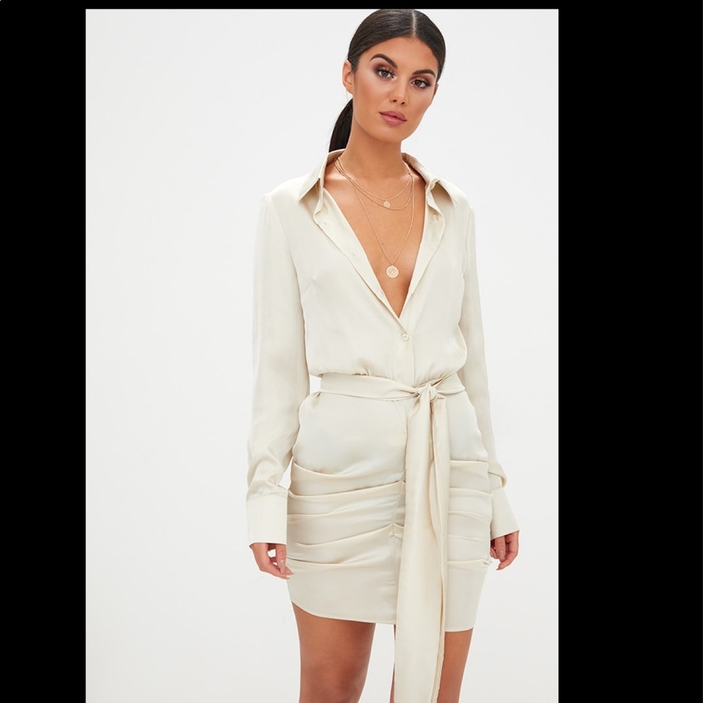 Pretty Little Thing satin champagne ruched dress